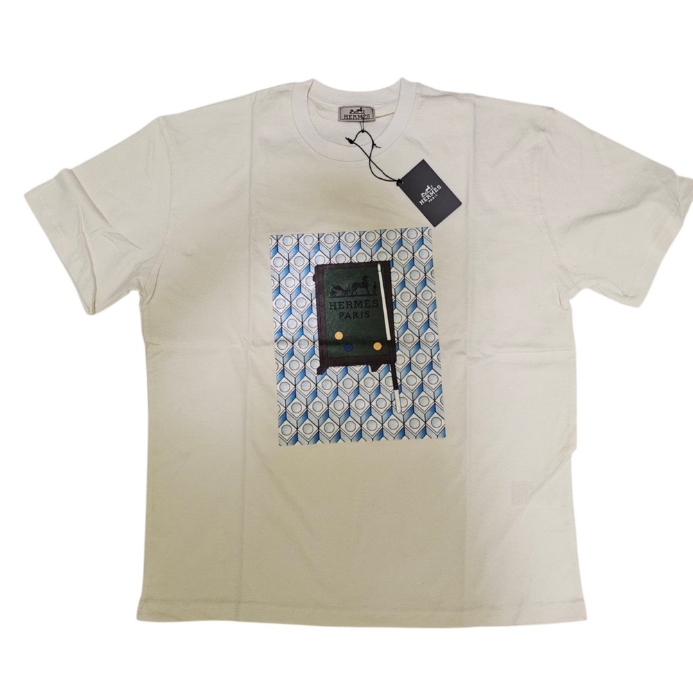 Hermes Cream and Blue Geometric Shirt Size Large